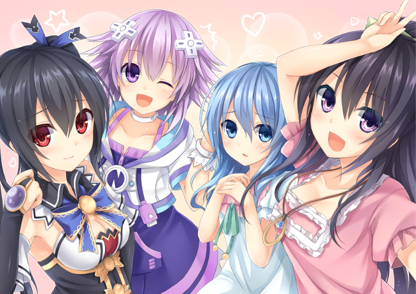 :d :o ;d arm_up armor armored_dress black_hair blue_bow blue_eyes blue_hair blue_neckwear bow bowtie breasts collarbone creator_connection date_a_live hair_ornament heart jewelry kaguyuu long_hair looking_at_viewer medium_breasts multiple_girls necklace neptune_(choujigen_game_neptune) neptune_(series) noire one_eye_closed open_mouth parted_lips purple_eyes purple_hair red_eyes short_hair smile star twintails v very_long_hair yatogami_tooka yoshino_(date_a_live)