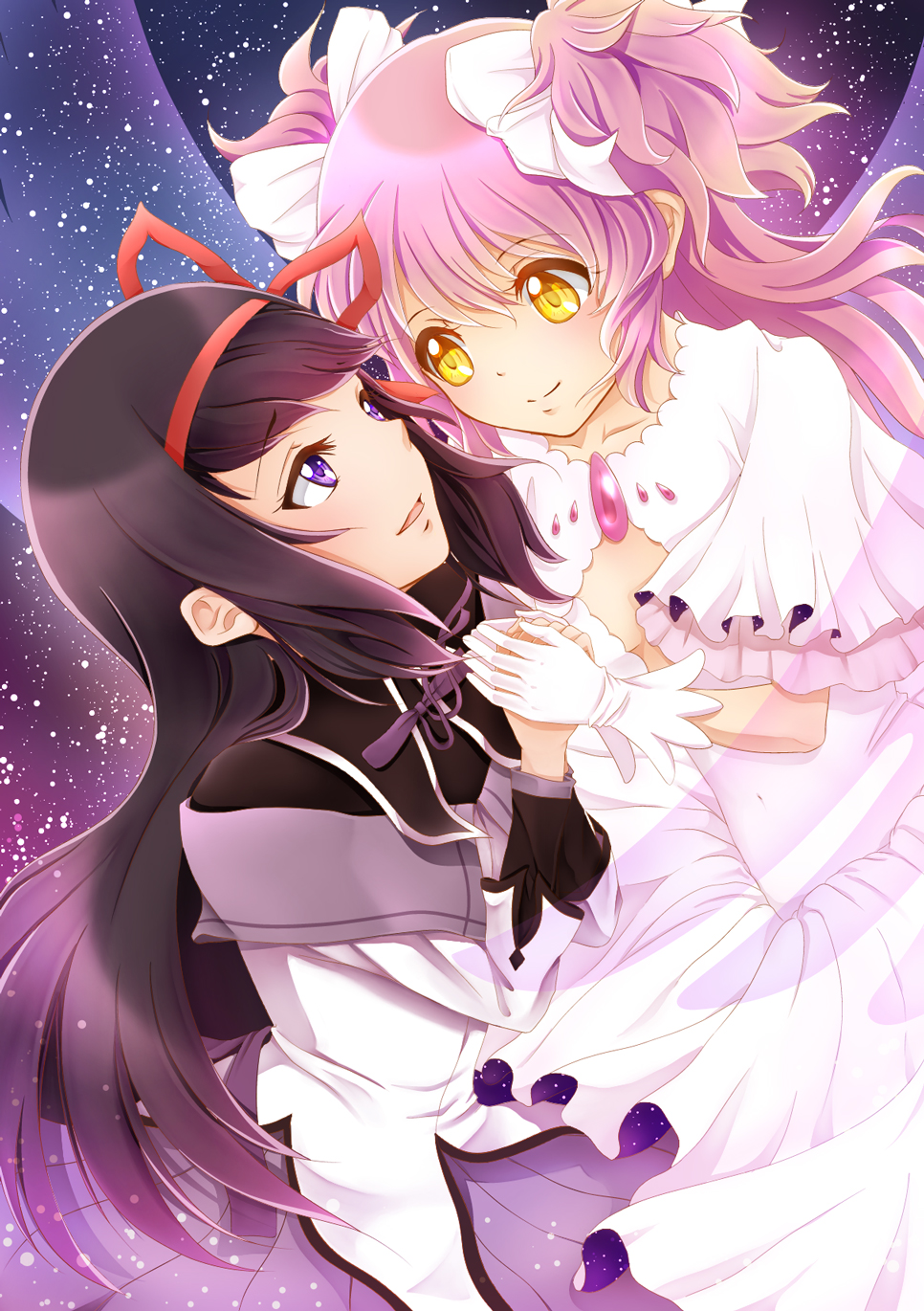 akemi_homura black_hair cleavage_cutout dress frills gloves hair_ribbon highres holding_hands kaname_madoka long_hair long_sleeves magical_girl mahou_shoujo_madoka_magica multiple_girls pink_hair purple_eyes ribbon skirt sky smile spoilers star_(sky) starry_sky ultimate_madoka uta_(yagashiro25) very_long_hair yellow_eyes