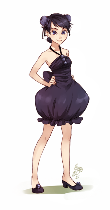 1girl bare_arms bare_legs bare_shoulders black_dress black_hair blueberry bun_cover double_bun dress food food_themed_clothes fruit full_body hands_on_hips meago original personification purple_eyes rough shoes signature smile solo white_background