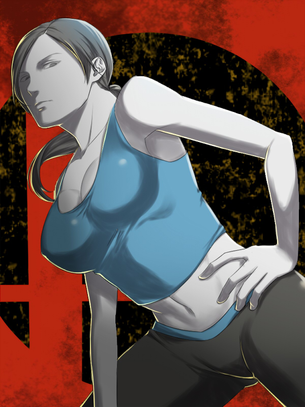 bare_shoulders breasts cleavage grey_eyes grey_hair hand_on_hip ichijiku_nana large_breasts lips long_hair looking_down midriff navel ponytail solo spandex super_smash_bros. tank_top white_skin wii_fit wii_fit_trainer
