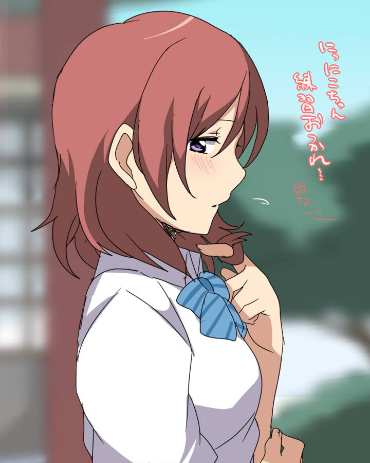 blush chatubo dress_shirt hair_twirling love_live! love_live!_school_idol_project nervous nishikino_maki open_mouth otonokizaka_school_uniform playing_with_hair purple_eyes red_hair school_uniform shirt short_hair solo translated