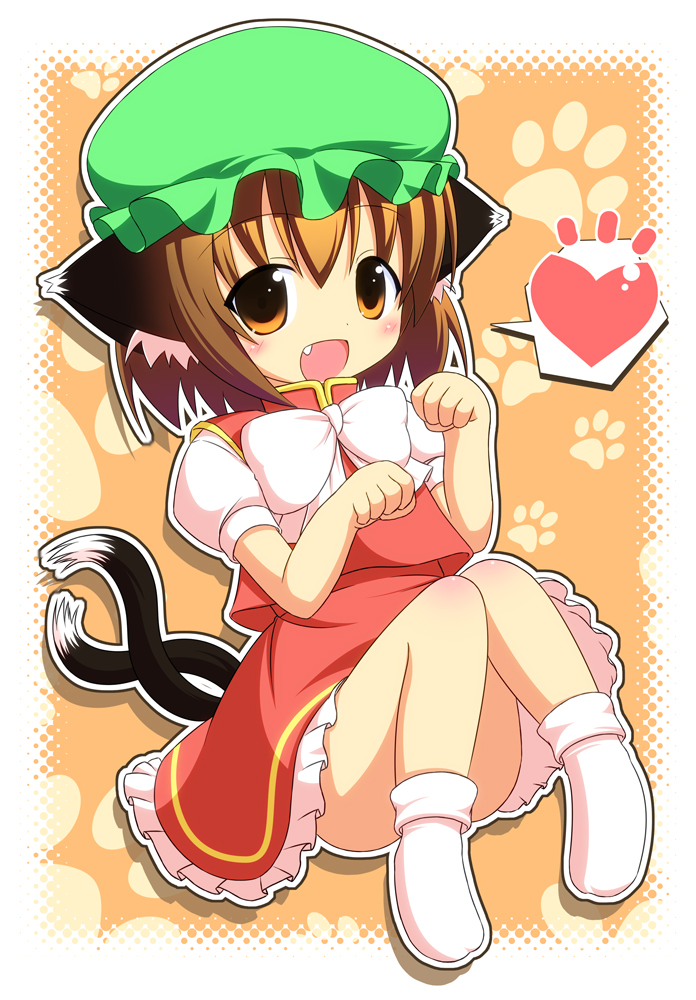 :d animal_ears blush brown_eyes brown_hair cat_ears cat_tail chen earrings fang halftone hat heart jewelry multiple_tails open_mouth orange_background outline paw_pose paw_print pila-pela ribbon smile solo spoken_heart tail touhou