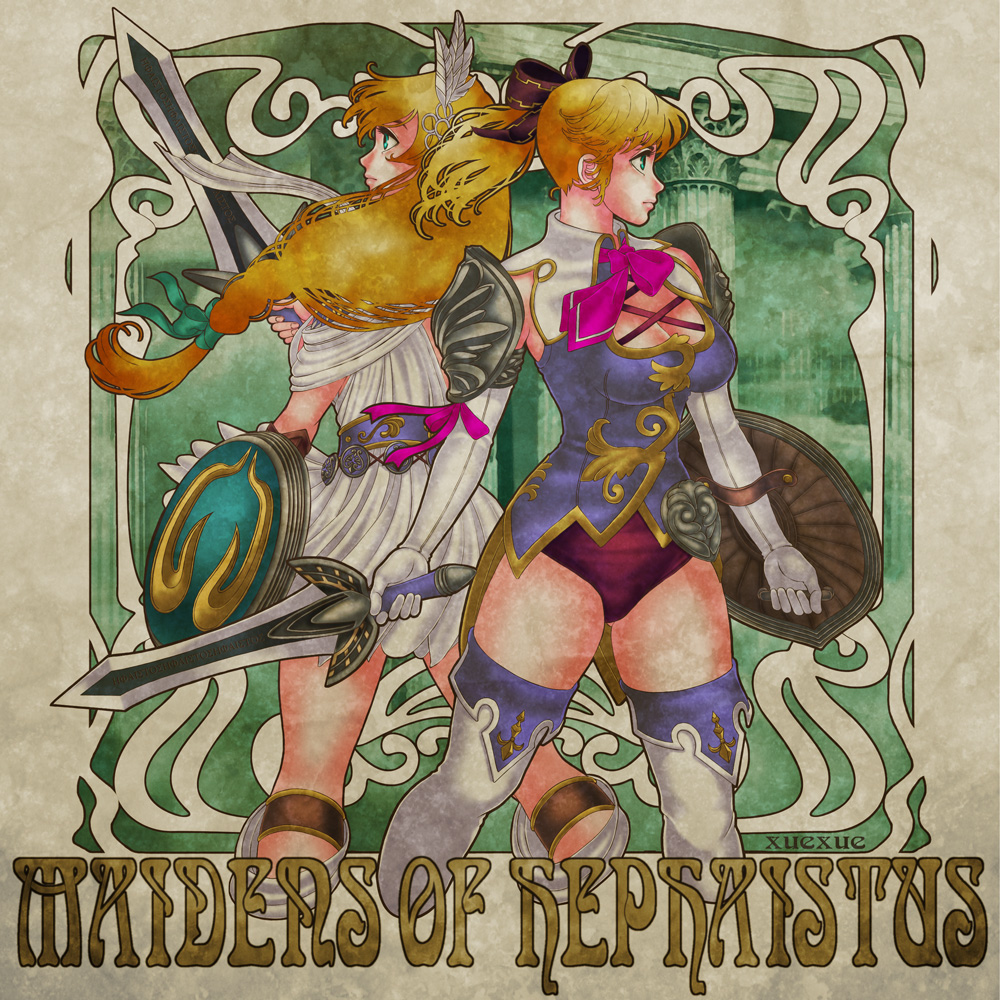 art_nouveau artist_name ascot back-to-back bad_id bad_pixiv_id belt blonde_hair blue_eyes boots breasts cassandra_alexandra cleavage dress elbow_gloves gloves hair_ribbon leotard medium_breasts multiple_girls necktie pink_neckwear ribbon shield short_dress short_hair siblings sisters smile sophitia_alexandra soulcalibur soulcalibur_iv sword text_focus thigh_boots thighhighs tiara vest weapon white_gloves xuexue_yue_hua
