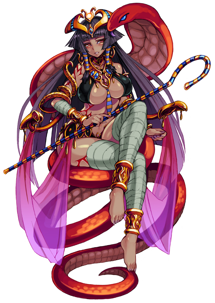 anklet bandages bare_shoulders barefoot blush breasts cleavage crossed_legs crown dark_skin egyptian full_body gold jewelry kenkou_cross large_breasts long_hair looking_at_viewer monster_girl monster_girl_encyclopedia navel official_art pharaoh_(monster_girl_encyclopedia) purple_hair red_eyes simple_background sitting snake solo staff white_background