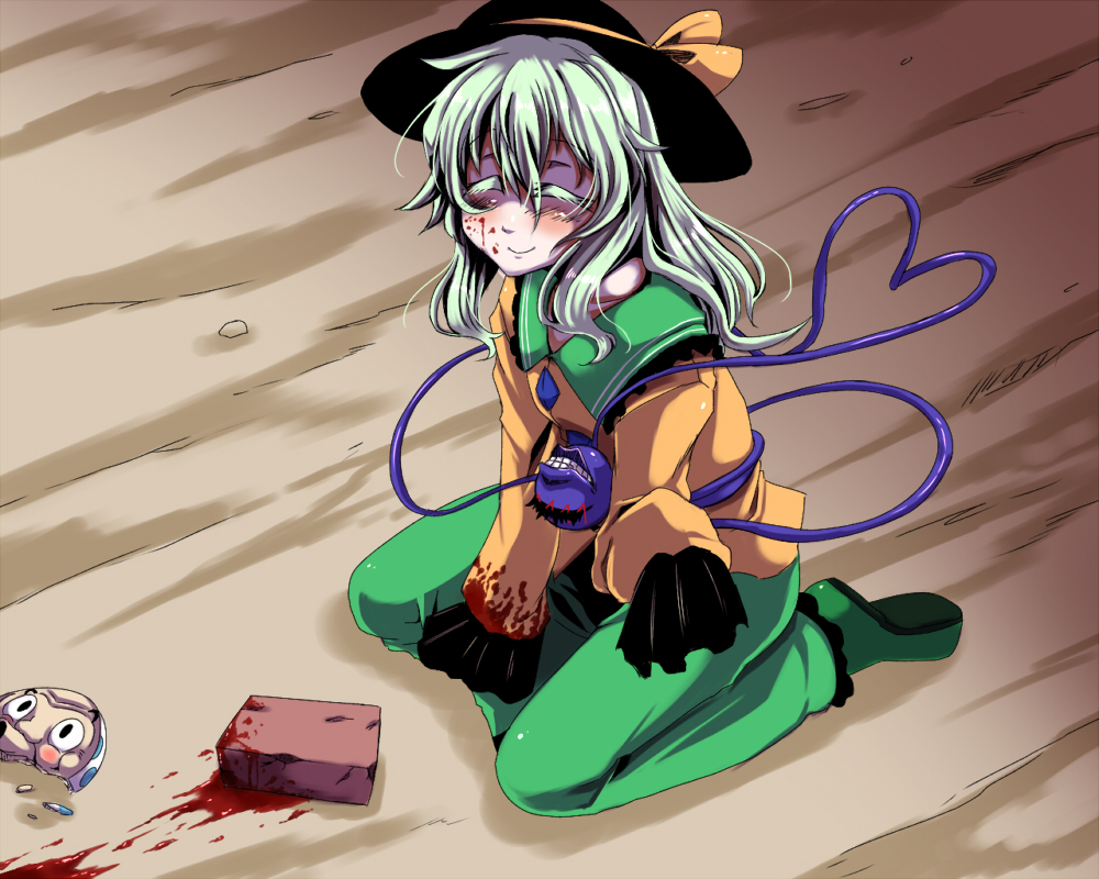 blood blood_on_face bloody_clothes blush brick closed_eyes collarbone commentary green_hair grin hat heart heart_of_string komeiji_koishi kuon_yashiro long_sleeves mask smile solo third_eye touhou wide_sleeves