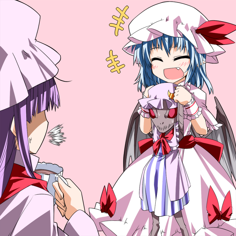 :d bat_wings blush chupacabra cosplay cup dress fang hat hemogurobin_a1c long_hair monster multiple_girls open_mouth patchouli_knowledge patchouli_knowledge_(cosplay) purple_hair remilia_scarlet shaded_face smile spit_take spitting teacup touhou tupai_(touhou) wings wrist_cuffs
