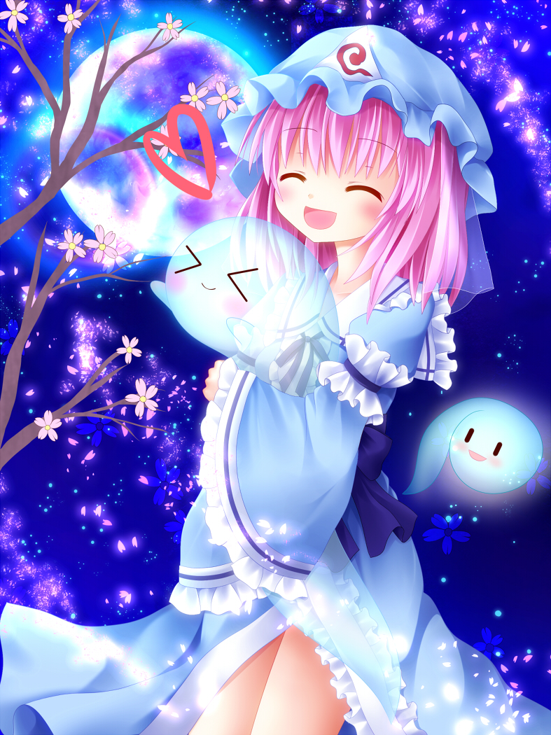 &gt;_&lt; blue_dress blush branch cherry_blossoms closed_eyes dress frills full_moon furomaaju_(fromage) ghost hat hug moon open_mouth pink_hair saigyouji_yuyuko short_hair smile touhou triangular_headpiece wide_sleeves