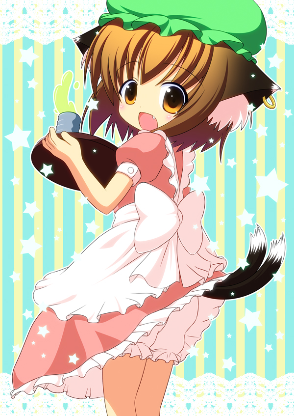 alternate_costume animal_ears bloomers brown_eyes brown_hair cat_ears cat_tail chen cup earrings fang hat jewelry multiple_tails pila-pela ribbon solo star tail tea touhou tray underwear