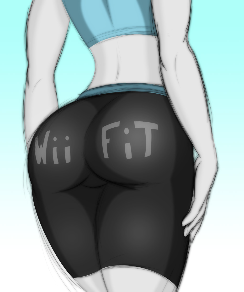 1girl artist_request ass back bike_shorts close-up clothes_writing female head_out_of_frame highres huge_ass lilmissjay midriff nintendo pale_skin pov_ass rough skin_tight solo spandex super_smash_bros. tank_top tanktop trainer_(wii_fit) white_skin wii_fit wii_fit_trainer