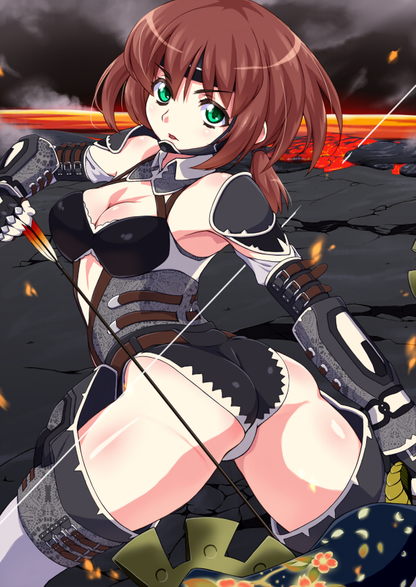 armor arrow ass bikini_top bow_(weapon) brown_hair detached_collar green_eyes holding leotard long_sleeves looking_at_viewer looking_back master_of_epic molten_rock senzoc solo standing thighhighs weapon