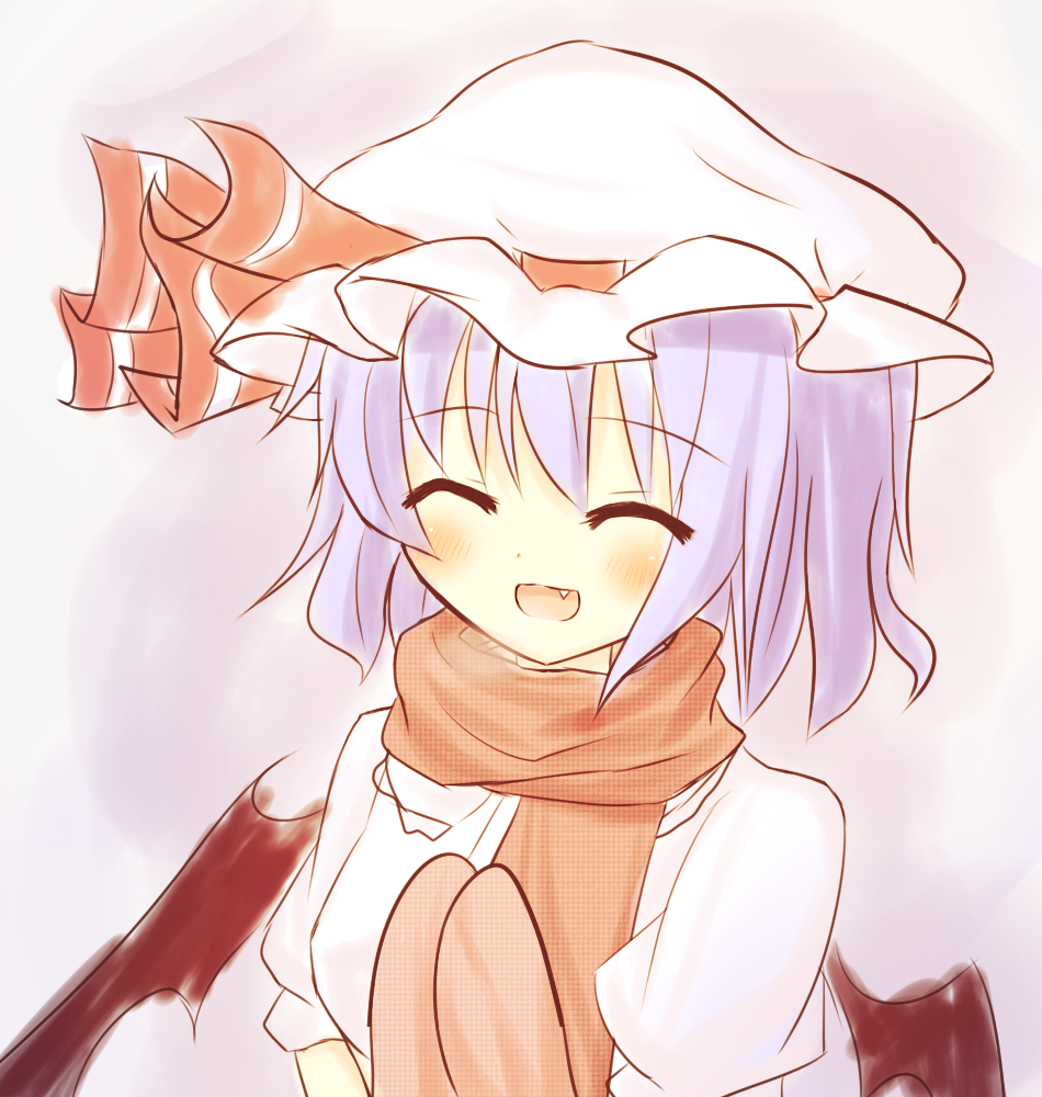 :d bat_wings blue_hair closed_eyes fang gaius_(nikoniko2) gloves hat mittens open_mouth remilia_scarlet scarf short_hair smile solo touhou wings