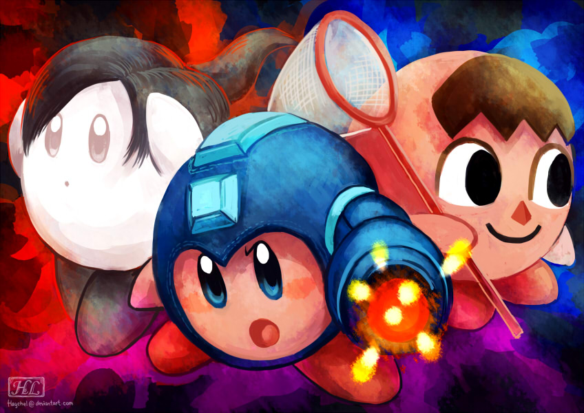 black_hair blue_eyes brown_hair copy_ability doubutsu_no_mori fusion haychel helmet kirby kirby_(series) multiple_persona no_humans open_mouth pink_skin ponytail rockman rockman_(character) rockman_(classic) smile super_smash_bros. villager_(doubutsu_no_mori) watermark weapon web_address white_skin wii_fit wii_fit_trainer