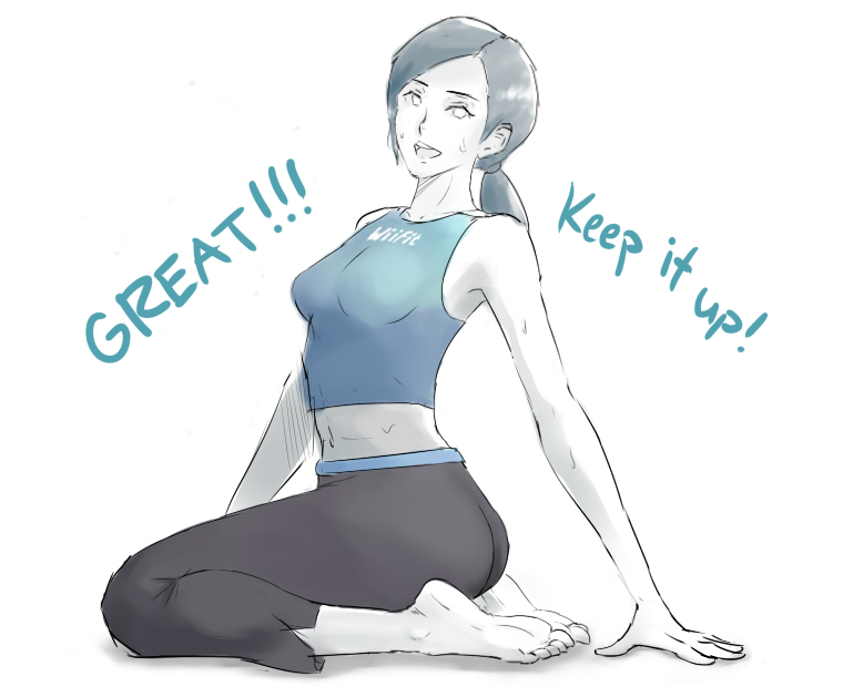 barefoot breasts capri_pants clothes_writing english exercise feet grey_hair keving0d kneeling long_hair md5_mismatch medium_breasts midriff navel pants ponytail resized seiza sitting smile soles solo super_smash_bros. sweat tank_top toes white_skin wii_fit wii_fit_trainer