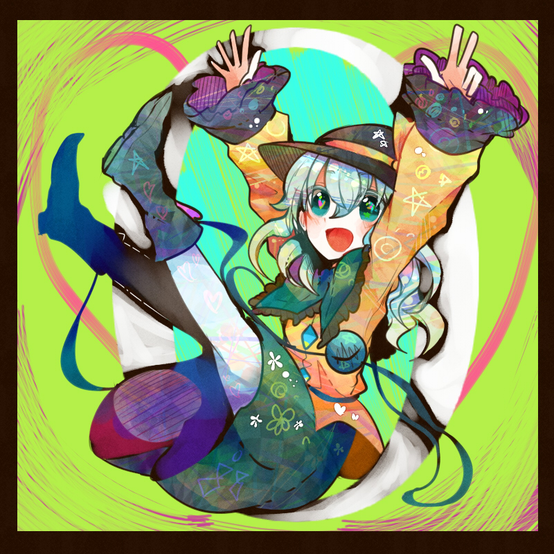 bad_id bad_pixiv_id boots falling green_eyes green_hair hat heart itomugi-kun komeiji_koishi long_sleeves number open_mouth outstretched_arms shirt short_hair skirt smile solo third_eye touhou