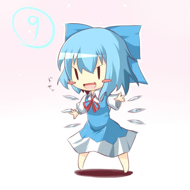 1girl :d blue_hair blush_stickers bow cirno dress fang gaius_(nikoniko2) hair_bow open_mouth smile solo touhou v-shaped_eyebrows wings