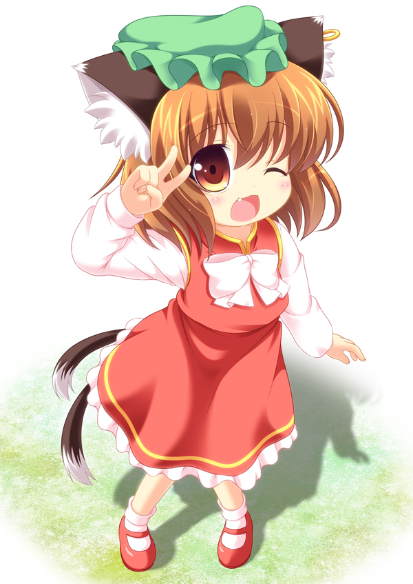 :3 animal_ears brown_eyes brown_hair cat_ears cat_tail chen earrings fang hat jewelry multiple_tails one_eye_closed pila-pela ribbon solo tail touhou v