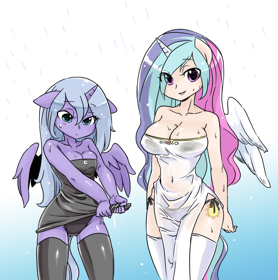 anthro anthrofied big_breasts blue_eyes blue_hair blue_skin breasts cleavage clothed clothing cutie_mark duo equine female friendship_is_magic gradient_background hair horn horse legwear long_hair mammal multi-colored_hair my_little_pony nipples pony princess_luna_(mlp) purple_eyes rain shepherd0821 smile swimsuit thigh_highs translucent wet wet_clothing wet_hair wet_shirt winged_unicorn wings