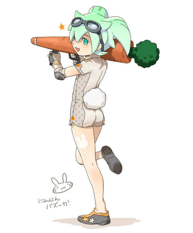 ass bunny bunny_tail carrot fei_rune from_behind full_body gloves goggles goggles_on_head green_eyes green_hair gun inazuma_eleven_(series) inazuma_eleven_go inazuma_eleven_go_chrono_stone looking_back male_focus mizuhara_aki no_pupils open_mouth solo standing star tail weapon