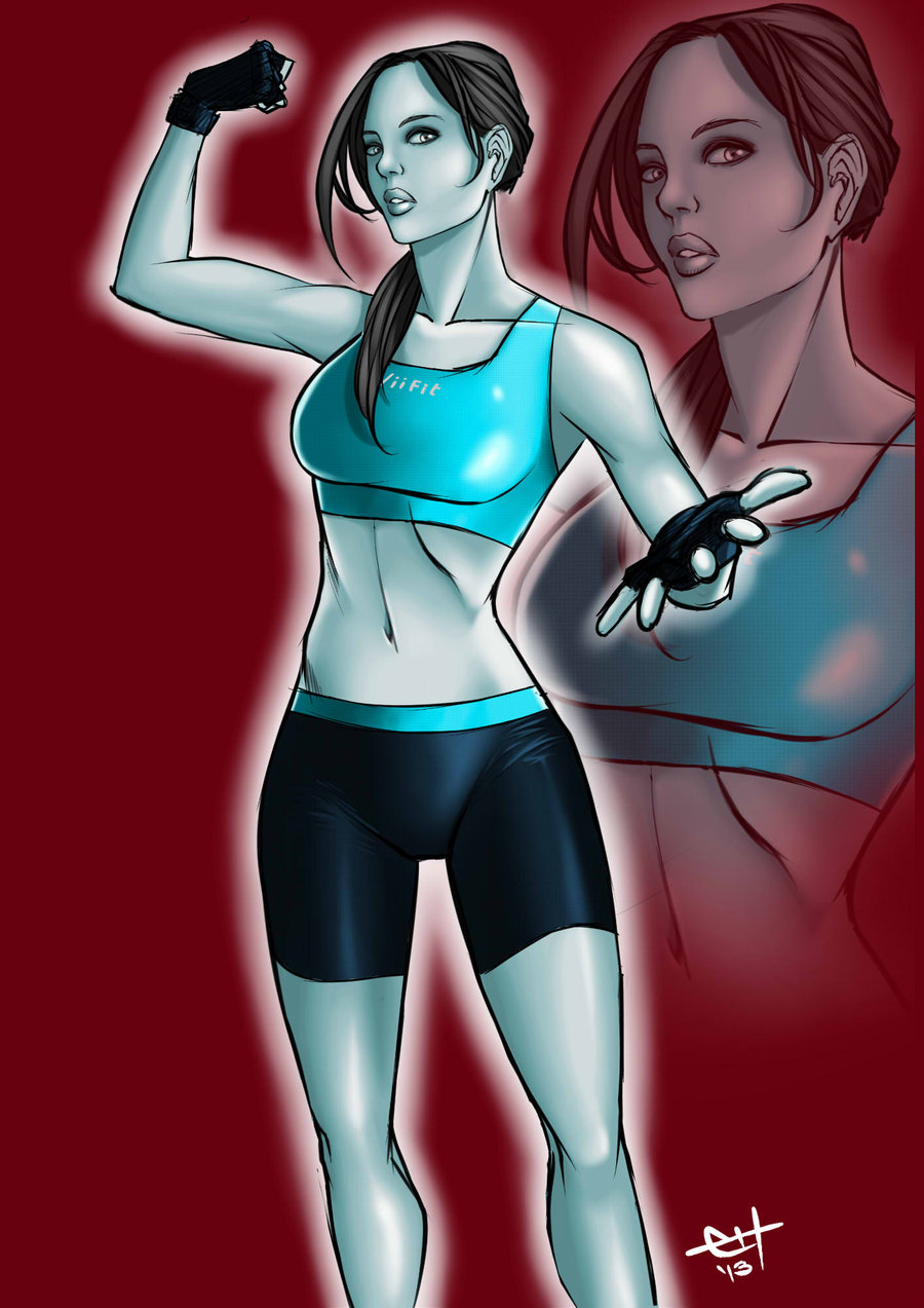 bike_shorts breasts brown_eyes brown_hair eric_h. fingerless_gloves gloves highres lips long_hair looking_at_viewer medium_breasts midriff navel outstretched_hand ponytail slender_waist solo spandex sports_bra toned white_skin wii_fit wii_fit_trainer zoom_layer