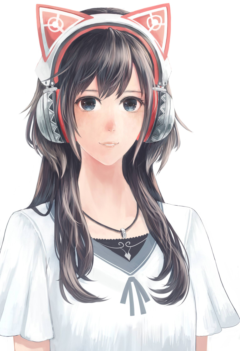 animal_ears black_hair blue_eyes cat_ear_headphones cat_ears fake_animal_ears headphones jewelry long_hair looking_at_viewer necklace original sakimori_(hououbds) simple_background smile solo white_background
