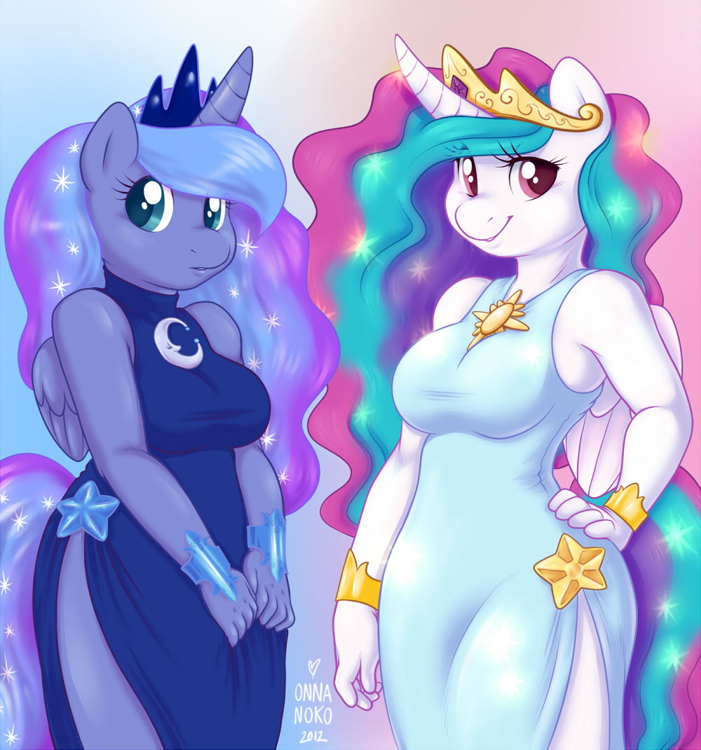 anthrofied breasts dress duo equine female friendship_is_magic horn looking_at_viewer mammal my_little_pony onnanoko princess princess_celestia_(mlp) princess_luna_(mlp) royalty winged_unicorn wings