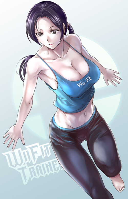 barefoot black_hair breasts camisole character_name cleavage clothes_writing collarbone large_breasts leg_up long_hair looking_at_viewer midriff navel pale_skin parted_lips ponytail solo strap_gap super_smash_bros. whistlerx wii_fit wii_fit_trainer
