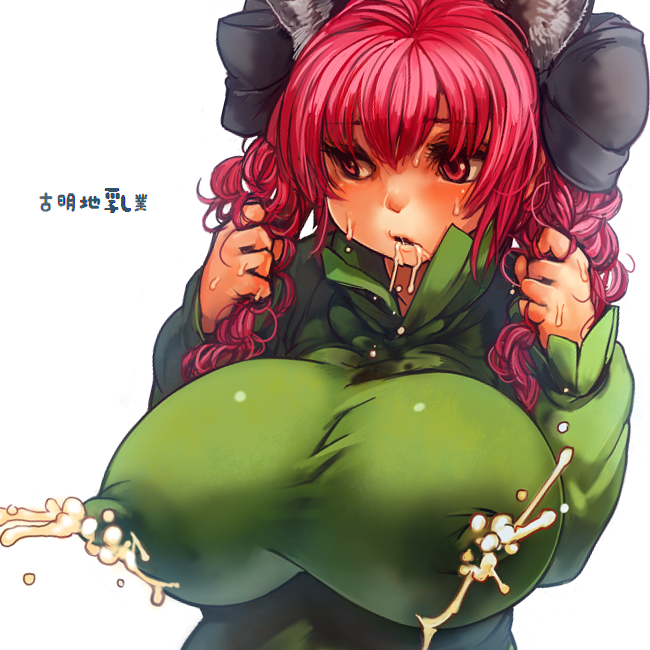 1girl breasts covered_nipples erect_nipples huge_breasts kaenbyou_rin lactation milk_leaking_through_clothing open_mouth pink_hair red_eyes sachito saliva solo touhou twintails