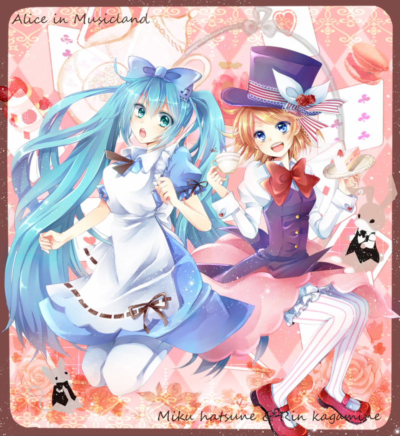 alice_in_musicland_(vocaloid) aqua_hair blonde_hair blue_eyes bow bowtie bunny cake card character_name copyright_name cup dress food green_eyes hat hatsune_miku inuro_neko_(kuro-nyan) kagamine_rin long_hair mary_janes multiple_girls open_mouth pantyhose shoes short_hair striped striped_legwear teacup top_hat twintails vertical-striped_legwear vertical_stripes very_long_hair vocaloid