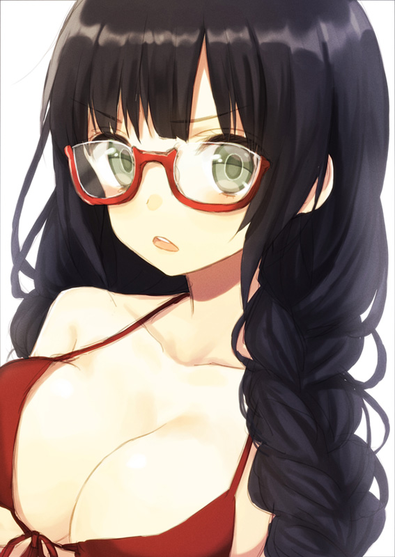 bikini black_hair braid breasts character_request cleavage copyright_request front-tie_top glasses grey_eyes huge_breasts long_hair midorikawa_you open_mouth red-framed_eyewear red_bikini semi-rimless_eyewear simple_background solo swimsuit twin_braids under-rim_eyewear white_background