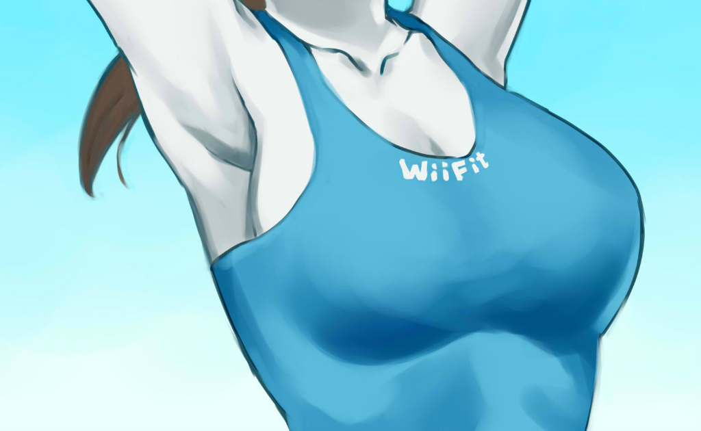 armpits arms_up breasts brown_hair close-up clothes_writing head_out_of_frame long_hair medium_breasts oppaishikakakanai ponytail solo tank_top white_skin wii_fit wii_fit_trainer