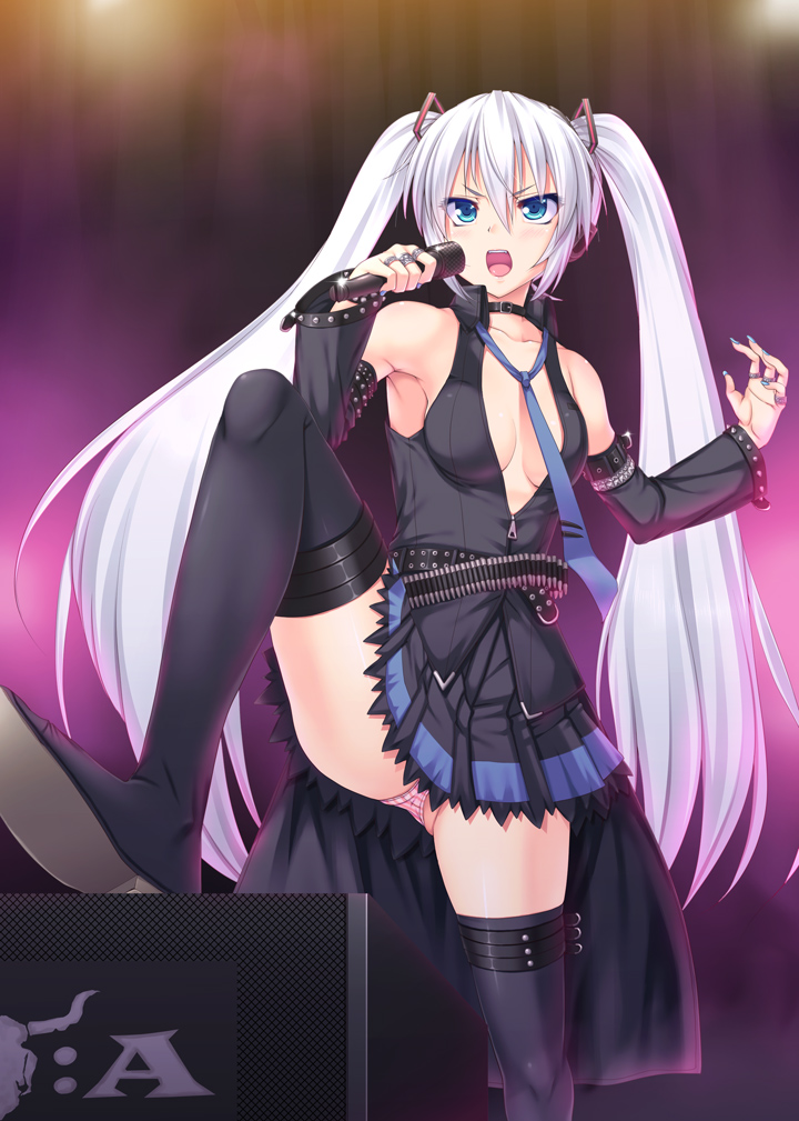amplifier armpits bare_shoulders belt black_legwear blue_eyes blush boots breasts choker cleavage detached_sleeves frown hagane_miku hagane_vocaloid heavy_metal jewelry leg_up long_hair medium_breasts microphone miyai_sen music nail_polish necktie open_mouth panties pantyshot ring silver_hair singing solo stage striped striped_panties thigh_boots thighhighs twintails underwear upskirt very_long_hair vocaloid