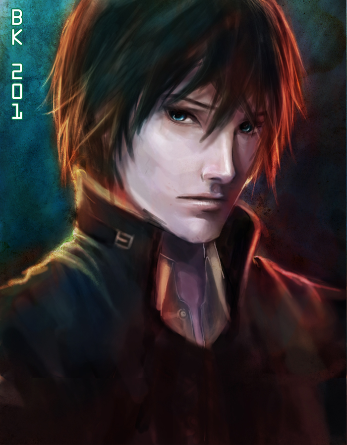 backlighting black_hair blue_eyes coat collar dark_background darker_than_black hei looking_at_viewer male_focus number pornishpixies portrait realistic solo text_focus