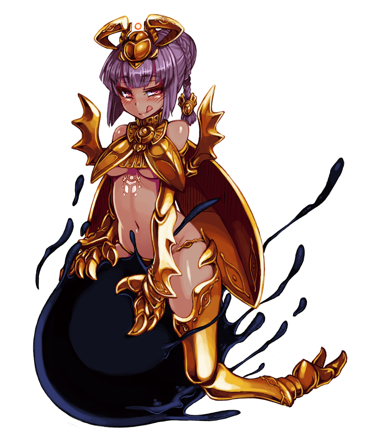 :p bare_shoulders blush braid breasts dark_skin egyptian elbow_gloves full_body gloves gold hair_bun hair_ornament kenkou_cross khepri looking_at_viewer medium_breasts monster_girl monster_girl_encyclopedia official_art purple_hair red_eyes scarab simple_background single_braid solo tattoo thighhighs tongue tongue_out underboob white_background wings