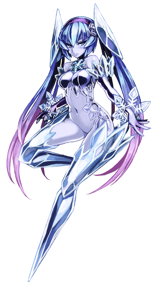 bare_shoulders blue_hair blue_skin breasts bridal_gauntlets crotch elemental_(creature) full_body glacies_(monster_girl_encyclopedia) headband ice kenkou_cross long_hair looking_at_viewer medium_breasts monster_girl monster_girl_encyclopedia multicolored_hair navel no_feet no_panties official_art simple_background snowflakes solo spirit thighhighs twintails two-tone_hair very_long_hair white_background