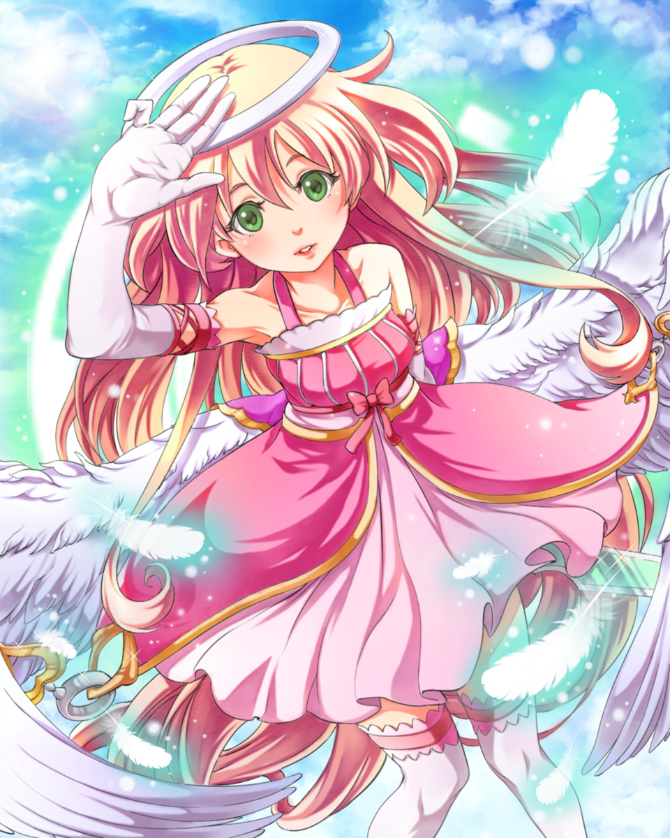 angel blonde_hair day dress feathers gloves green_eyes halo highres lips long_hair original sky solo thighhighs wings