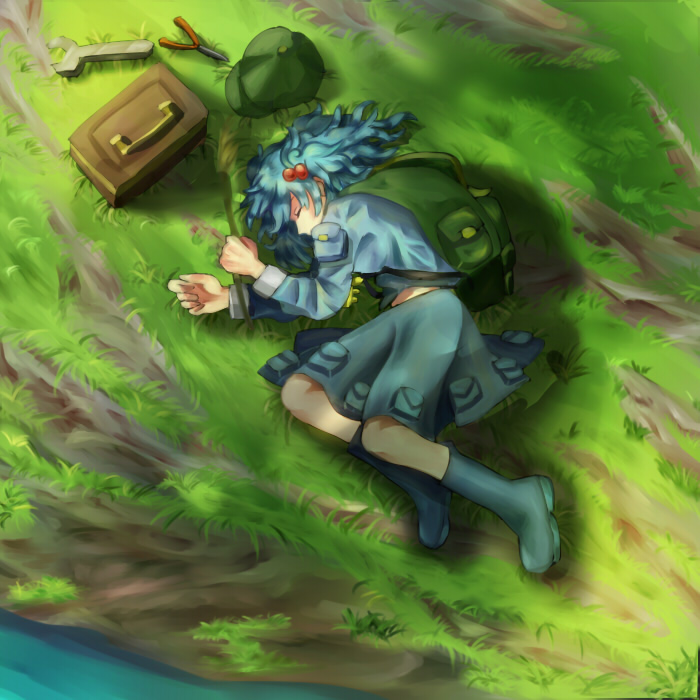 backpack bag blue_hair boots from_above grass hair_bobbles hair_ornament hat hat_removed headwear_removed kawashiro_nitori lying on_side outdoors pliers rubber_boots shade shadow short_hair skirt skirt_set sleeping solo tool_kit touhou two_side_up water wrench yukiru_(zoroacute)