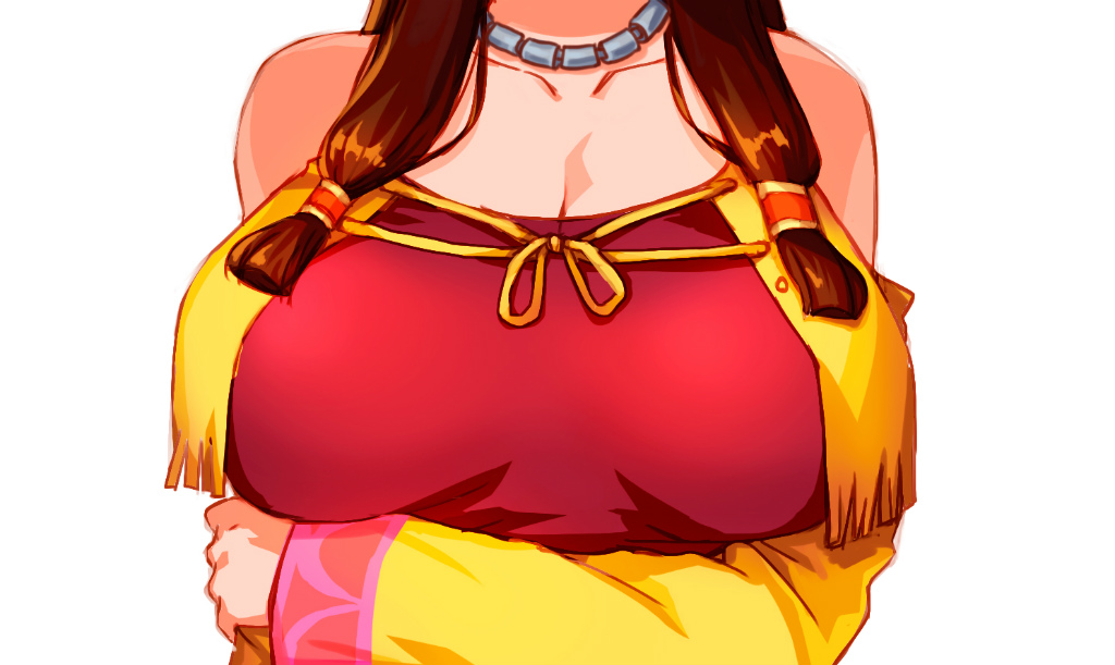 bare_shoulders breast_hold breasts brown_hair cleavage close-up detached_sleeves dress head_out_of_frame jewelry large_breasts necklace oppaishikakakanai red_dress saaya_(suisei_no_gargantia) suisei_no_gargantia twintails