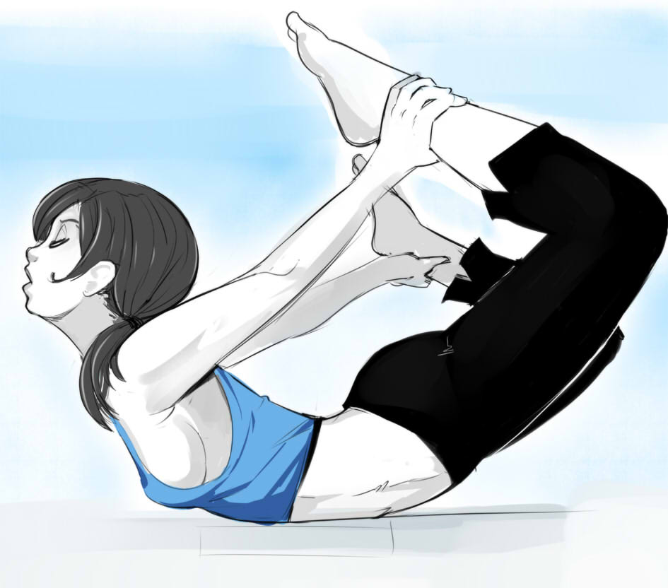 barefoot breasts capri_pants closed_eyes exercise flexible grey_hair lips long_hair lying medium_breasts midriff on_stomach open_mouth pants ponytail sho-n-d sideboob solo tank_top white_skin wii_fit wii_fit_trainer yoga