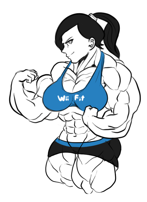 abs bikini_top black_hair breasts flexing grey_eyes long_hair muscle nintendo no_legs ponytail pose short_shorts shorts smile solo spandex white_skin wii_fit wii_fit_trainer