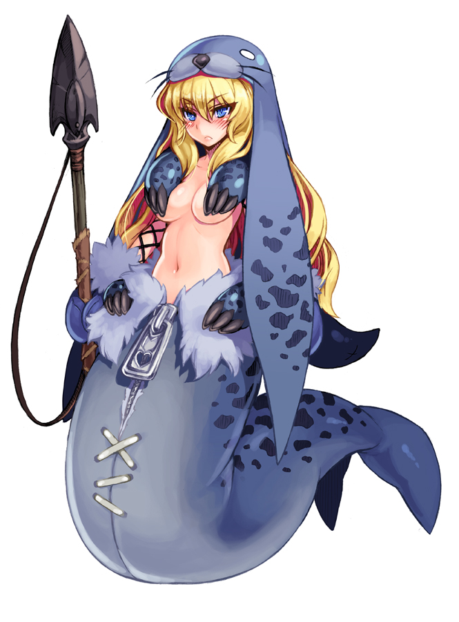 blonde_hair blue_eyes blush breasts cleavage full_body kenkou_cross long_hair looking_at_viewer medium_breasts midriff mittens monster_girl monster_girl_encyclopedia navel no_bra official_art polearm seal selkie_(monster_girl_encyclopedia) selkie_(mythology) simple_background solo spear weapon white_background zipper