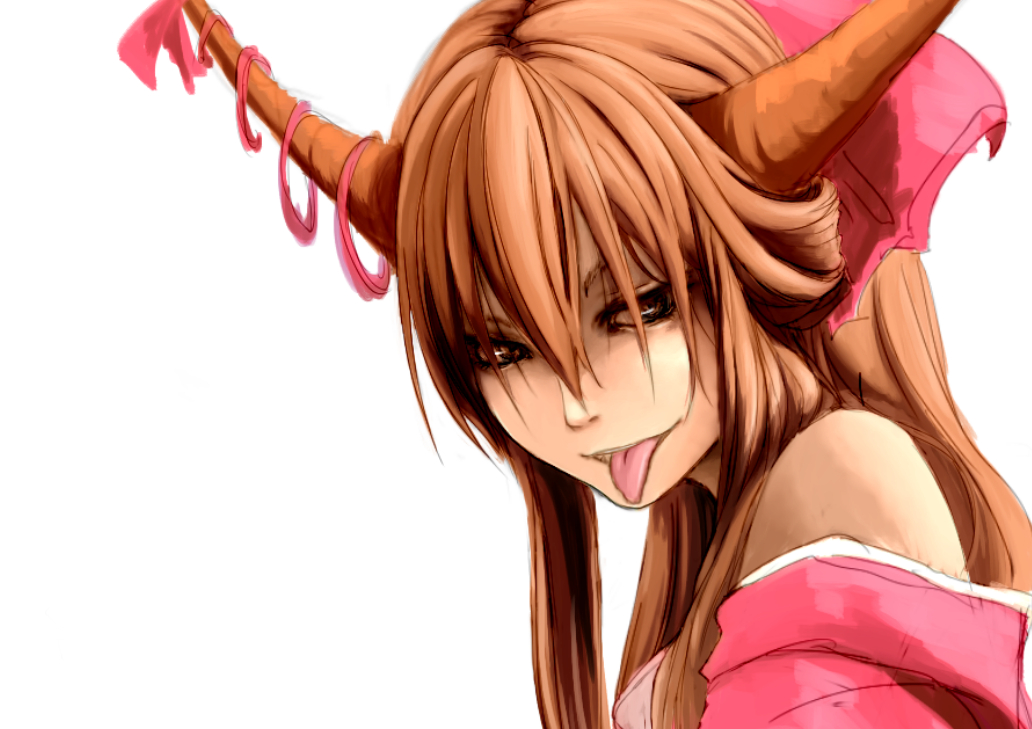 :p bare_shoulders bow hair_bow horn_ribbon horns ibuki_suika long_hair looking_at_viewer mitsubatta nose off_shoulder orange_hair red_eyes ribbon simple_background solo tongue tongue_out touhou white_background
