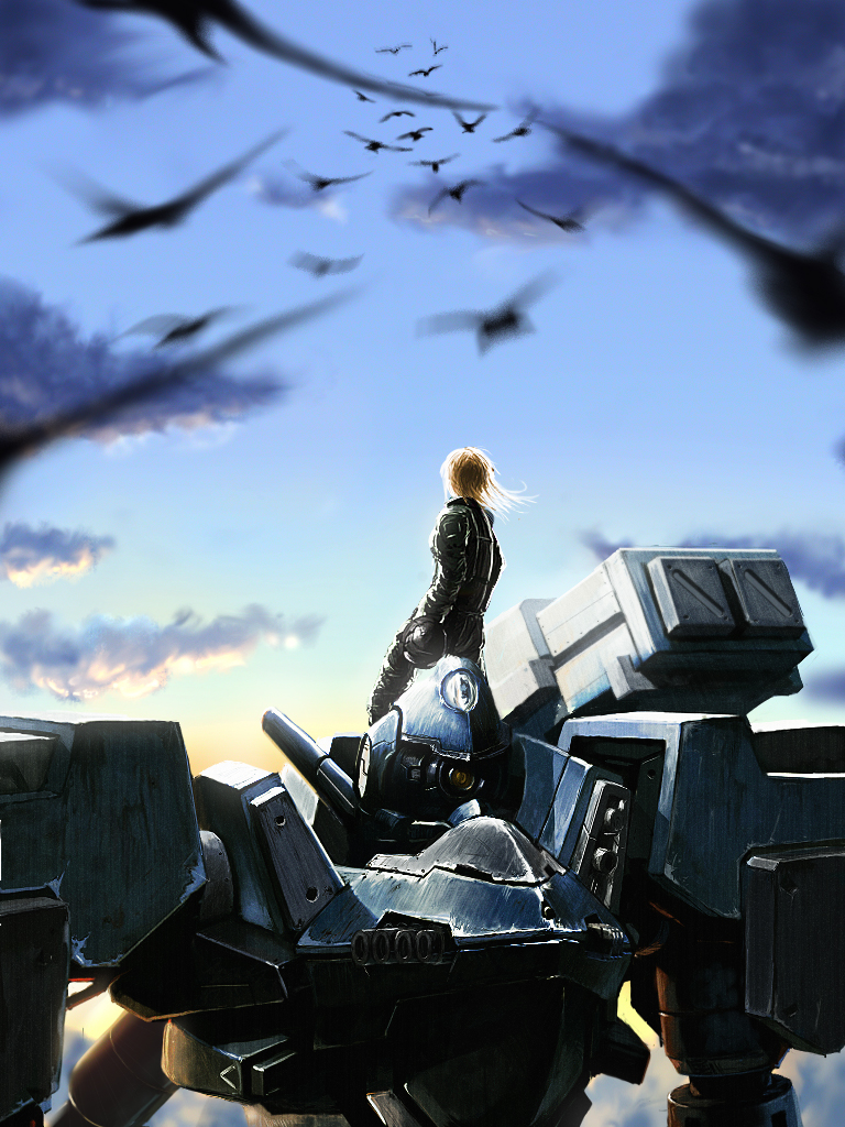 1girl armored_core armored_core:_last_raven bird blonde_hair blurry cannon cloud depth_of_field epic from_behind gloves head helmet holding holding_helmet long_hair mecha pilot pilot_suit realistic rocket_launcher science_fiction sky solo vest weapon