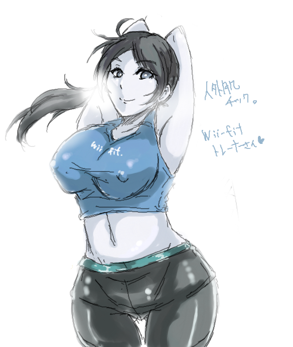 armpits black_hair clothes_writing grey_eyes long_hair midriff navel oekaki ponytail sekitaku smile solo spandex tank_top taut_clothes translation_request white_skin wii_fit wii_fit_trainer