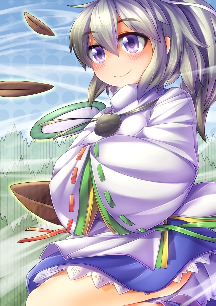 bare_legs blush bowl fun_bo hands_in_opposite_sleeves long_sleeves mononobe_no_futo plate ponytail purple_eyes silver_hair smile solo touhou wide_sleeves