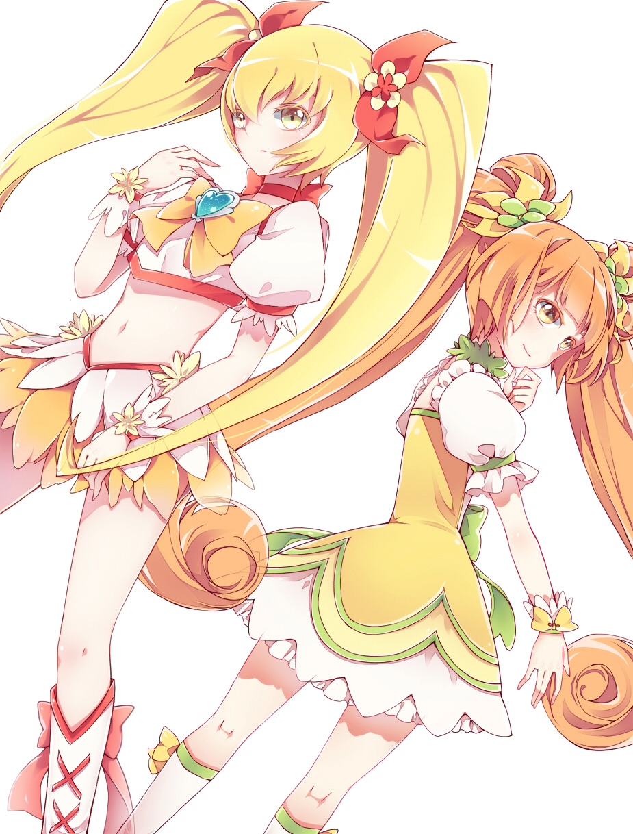 anthiea back-to-back bad_id bad_pixiv_id blonde_hair boots bow choker club color_connection cure_rosetta cure_sunshine dokidoki!_precure green_choker heartcatch_precure! highres knee_boots looking_back midriff multiple_girls myoudouin_itsuki navel orange_bow orange_choker orange_hair precure simple_background twintails weapon white_background yellow_bow yellow_eyes yotsuba_alice