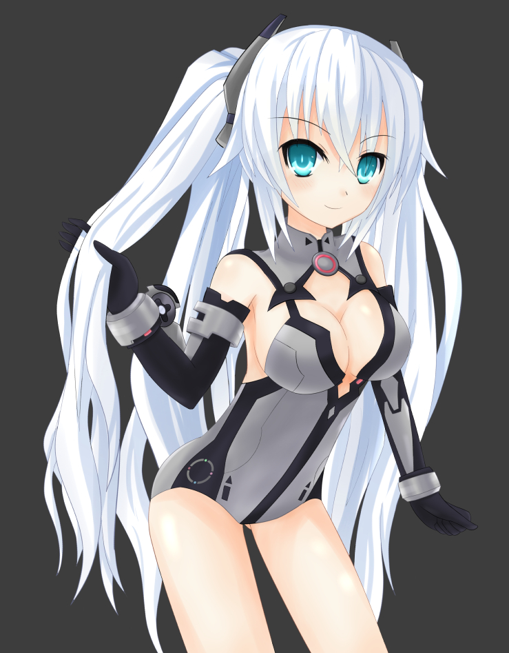 adjusting_hair aqua_eyes armlet bangs bare_shoulders black_background black_heart blush bracer breasts cleavage cleavage_cutout clenched_hand cowboy_shot elbow_gloves gloves hair_between_eyes halterneck headgear kami_jigen_game_neptune_v large_breasts leaning_forward leotard light_smile long_hair looking_at_viewer magical_girl neptune_(series) power_symbol sarvuant sideboob simple_background slim_legs smile solo symbol-shaped_pupils turtleneck twintails very_long_hair white_hair