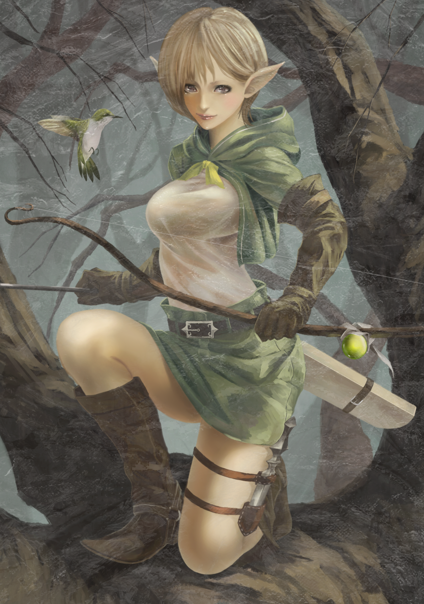 akai_kitsune arrow bad_id bad_pixiv_id belt bird blonde_hair boots bow_(weapon) breasts brown_gloves cape elbow_gloves elf gloves grey_eyes highres holster hood hood_down knee_boots kneeling knife large_breasts looking_at_viewer original pointy_ears shirt skirt solo thigh_holster tree weapon