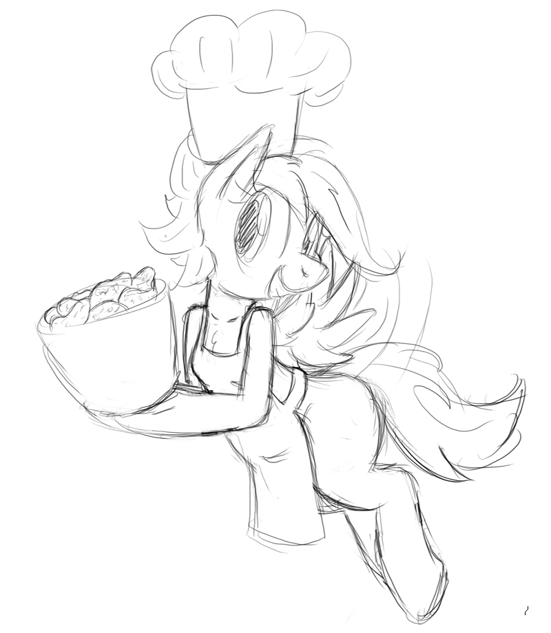 anthrofied apron black_and_white breasts clothed clothing cook equine female food friendship_is_magic hair horse mammal monochrome my_little_pony pegasus plain_background scootaloo_(mlp) sketch smile solo tg-0 white_background wings young
