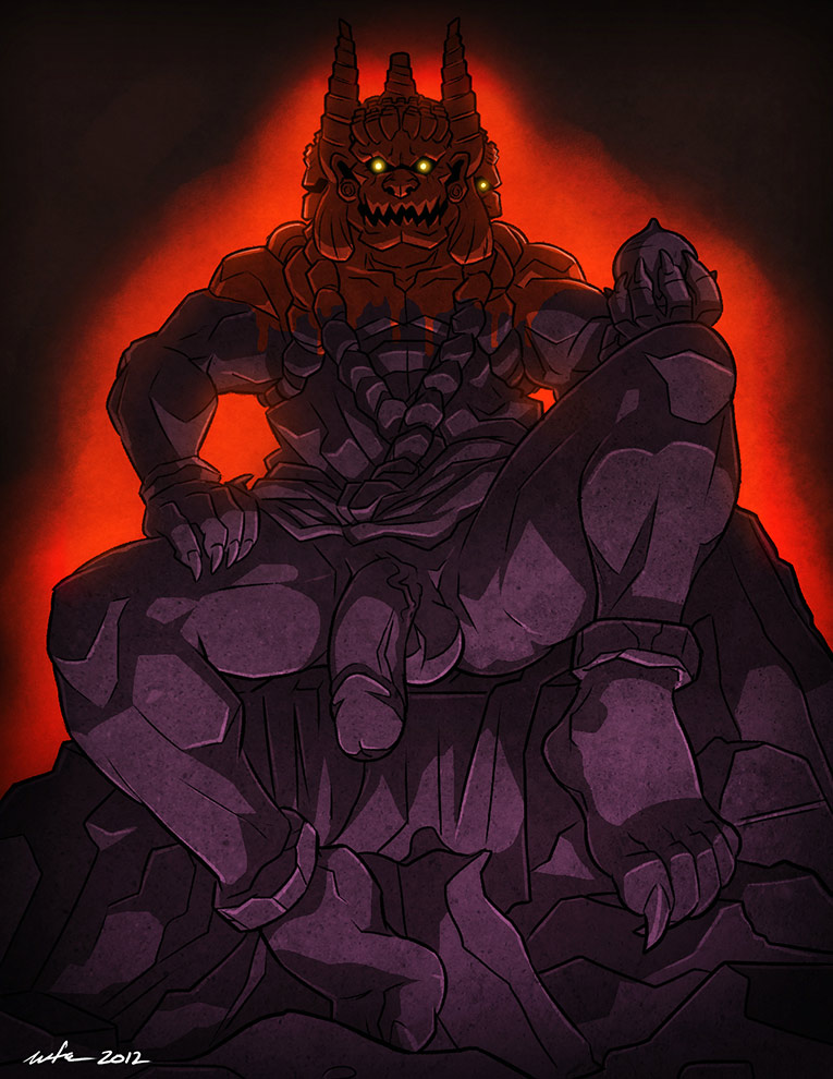 abs balls biceps big_muscles big_penis claws demon glowing glowing_eyes gozu_tennoh horn kazuma_kaneko looking_at_viewer male muscles nude pecs penis presenting shin_megami_tensei sitting solo spread_legs spreading stone toe_claws wfa yellow_eyes