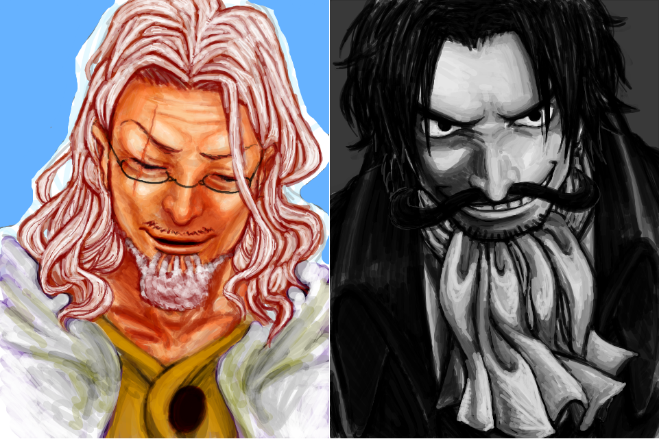 2boys age_difference duo facial_hair glasses gol_d_roger grey_hair male male_focus monochrome multiple_boys mustache one_piece pixiv_manga_sample scar silvers_rayleigh